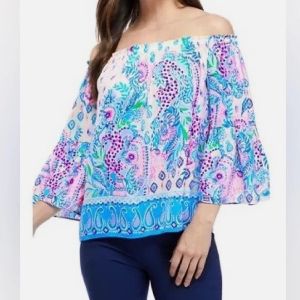 LILLY PULITZER NEVIE TOP, OFF SHOULDER, MACADAMIA, HAUTE NATURE.
